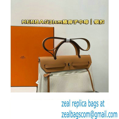 Hermes Herbag Zip 31 bag Brown with Silver Hardware in H Plume canvas with Circuit 24 motif (Full Handmade)